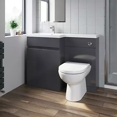 1100mm Bathroom Vanity Unit Basin Sink Toilet Combined Furniture Left Hand Grey • £423.41