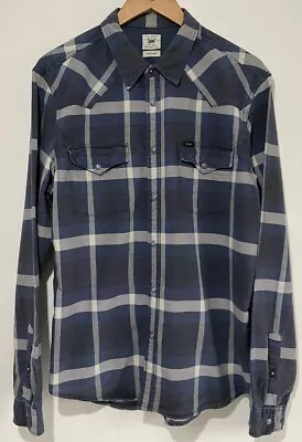 Lee Mens Long Sleeve Plaid Western Cowboy Shirt Size XL Blue Slim Fit • £19.99