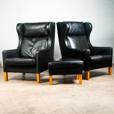 Mid Century Danish Modern Lounge Chairs Pair Skalma Black Leather Set Ottoman NM • $1998.98