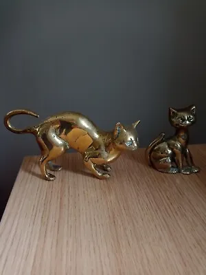 Two Vintage Brass Cat Ornaments - One Crouching One Smiling • £14.99
