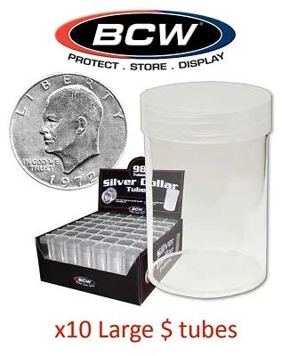 10 Large Dollar Tubes Round Clear Plastic Coin Storage Screw Caps For Morgan BCW • $8.97