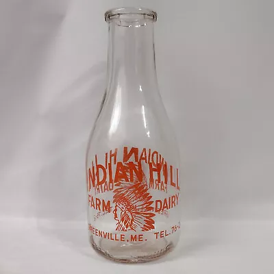 Vtg Glass Milk Bottle Indian Hill Farm Dairy 1Qt Greenville ME MTC Bottle Chief • $29.99