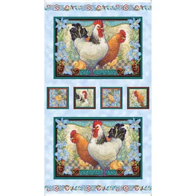 Country Roosters Fabric Chicken Bird Farm Chicks Cotton QT 24  Panel • $8.95