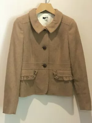 J CREW Blazer Women 6 Camel Wool Blend Fitted Coat Ruffled Short Leather Buttons • $54.99