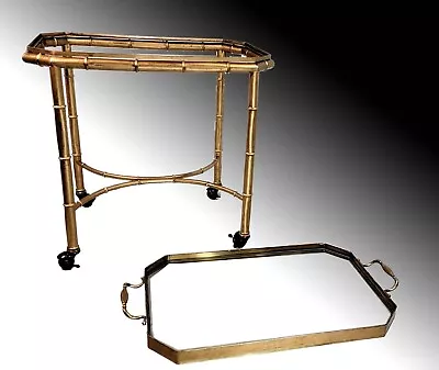 Brass & Faux Bamboo Rolling Cart Table By Mastercraft With Removable Glass Tray • $600