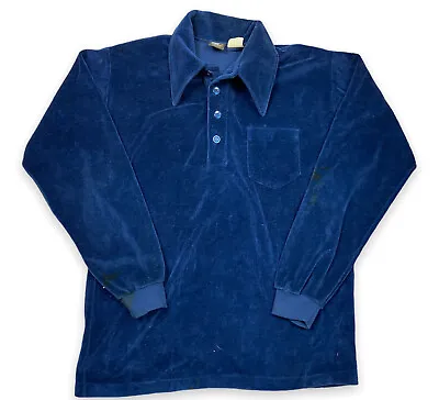 Vintage 70s Campus Studio One Shirt 1970s Navy Blue Velvet Long Sleeve Henley L • $19.99