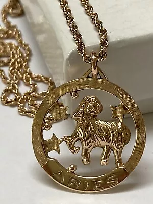 Vintage Large Round 14k Gold Aries Zodiac Sign Pendant Necklace 14k Rope Chain • $695