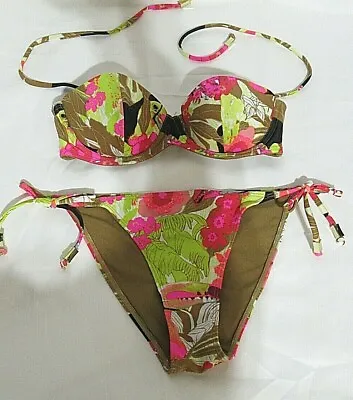 H&M Tan Pink And Yellow Hawaiian Print 2 Piece Bikini Bathing Suit Size 4/32B • $9.99