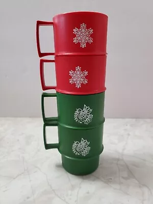 4 Vintage Tupperware Stackable Christmas Mugs Cups Red Snowflake Green Dove • $19.95