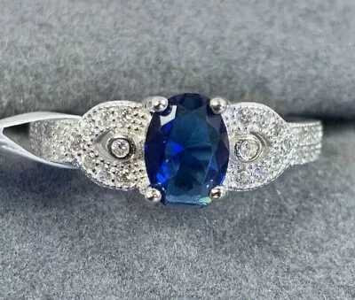 NWT 925 Silver Lab Created Blue Sapphire & Micro Pave CZ Fashion Ring Size 7  • $17.95