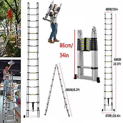 16.5FT Telescopic Folding Ladder Extension Aluminum 2.5m+2.5m Straight Ladder • $35