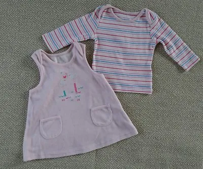 Baby Girls Long Sleeve T-shirt And Pinafore Dress Set Size 0-3 Months • £4.50