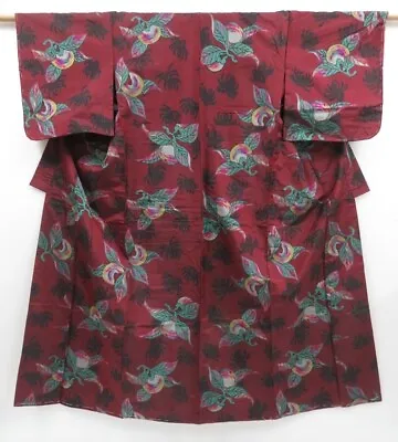 3514T02z630 Vintage Japanese Kimono Silk MEISEN KOMON Pomegranate • $130