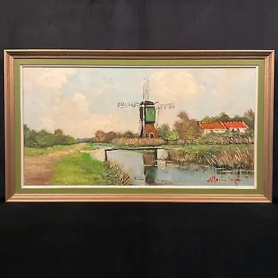 Vintage Original Impressionist Landscape Oil On Canvas  Dutch Windmill Scene  • $285