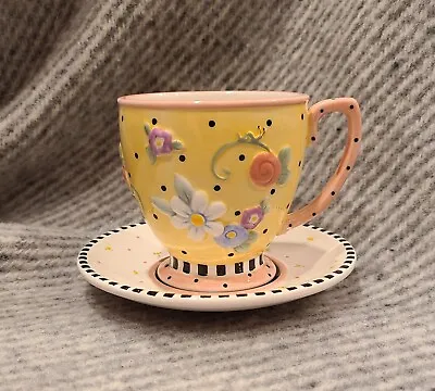 Mary Engelbreit Cup & Saucer Yellow Floral Polka Dots 1999 Michel & Co. • $9.99