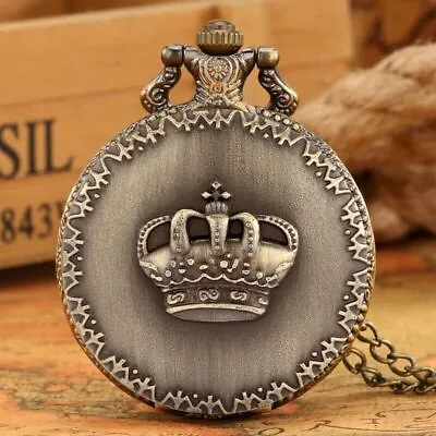 Steampunk Pocket Watch Crown Gear Pattern Quartz Watches With Necklace Chain • $4.87