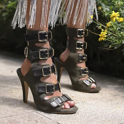 Gladiator Buckles Roman Sandals Womens High Heel Hollow Out Shoes Slingback Pump • $40.10