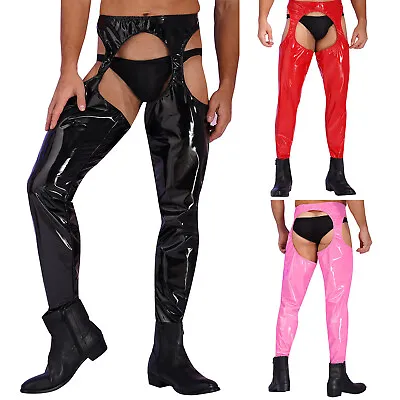 Mens Wet Look High Waist Cutout Leggings Patent Leather Skinny Pants Clubwears • £26.99