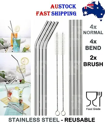 8 Stainless Steel Straws Reusable + 2 Brushes Metal Drinking Straw Set *au Stock • $8.45