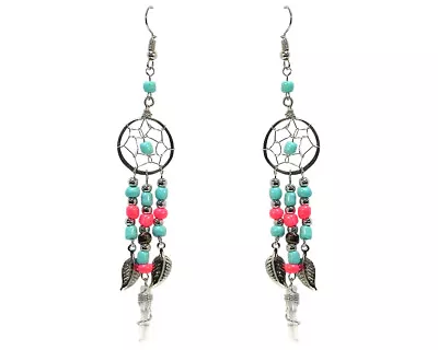 Metal Dream Catcher Earrings Long Beaded Quartz Healing Crystal Bohemian Dangles • $13.99