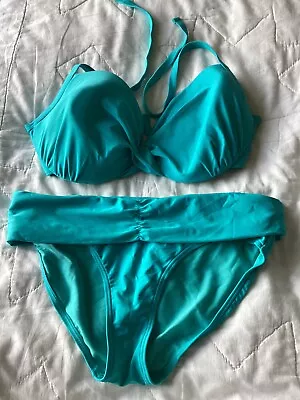 Matalan Turquoise Underwired Padded 2 Piece Bikini Top 36F Bottoms 12 • £3.65