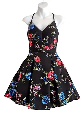 B Smart Dress Womens Size Jr 5 A Line Pleated Crinoline Pockets Black Floral • $14.50