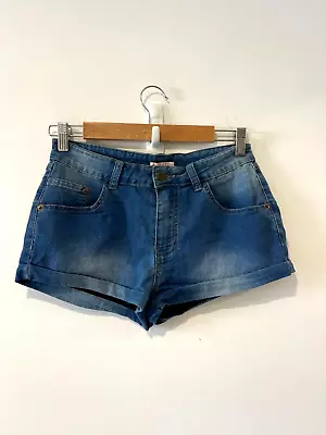 Supre Denim Shorts Womens Small Blue HotPants Cuffed Zip Button Fly Pocket Comfy • $19.30