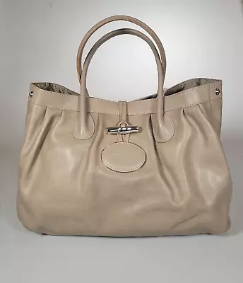 Longchamp Roseau Heritage Beige Leather Large Tote Satchel Bag Purse FRANCE  • $115