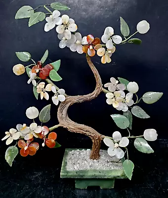 Chinese Vintage Jade Stone Carved Bonsai Tree With Agates & Quartz Buds 14  Tall • $139.04