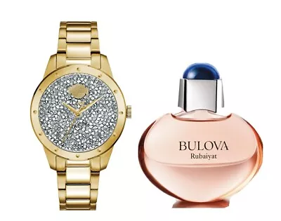 Bulova Harley Davidson Women's Quartz Crystal Gold Perfume Watch Set 35mm 77L110 • $71.99