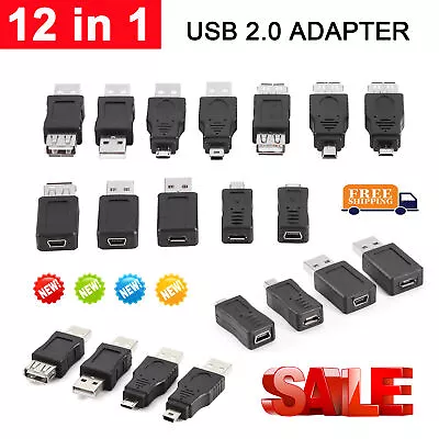 12 Pack USB 2.0 Adapter Set USB Male Female To Micro/Mini USB Converter Black • $10.23