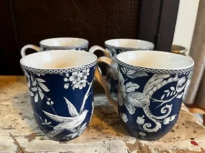 Set Of 4 Adelaide Dark Blue Coffee Mugs  14 Oz  Floral & Bird Victorian Design • $19.99