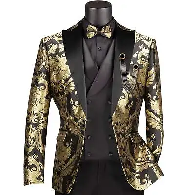 VINCI Men's Black & Gold Modern Fit 3pc Tuxedo Suit W/ Matching Bow-Tie NEW • $150