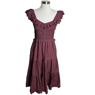 Madewell Dress Womens 0 Red Burgundy Embroidered Smocked Waist Tiered Midi • $39.95