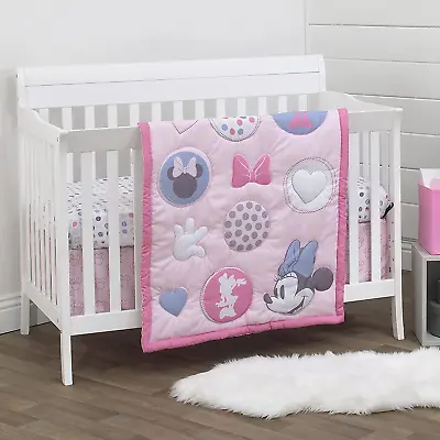 Minnie Mouse 3-PC Nursery Crib Bedding Set Baby Girl Pink Grey Rose Quilt Sheets • $69.38