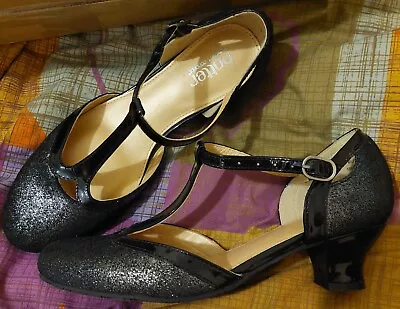 Retro 50s Hotter Comfort Black Patent Glitter T BAR DOLLY Court Shoes Heels UK 5 • £18