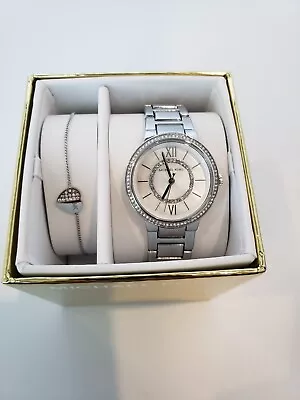 Michael Kors Gabbi Silver Tone Crystal Watch & Heart Bracelet Set NIB MK1033 • $128.95