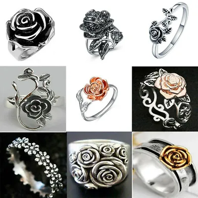 Vintage Silver Leaf Rose Flower Rings Women Party Jewelry Wife Mom Gift Size6-10 • $2.22