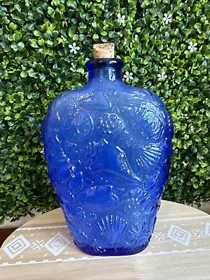 Cobalt Blue Glass Bottle With Cork Sea Shell Pattern 8.5”Tall • $17