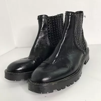 Zara 11 Leather Boots Black Leather Moto Combat Chunky Studded Ankle Lug Sole • $20