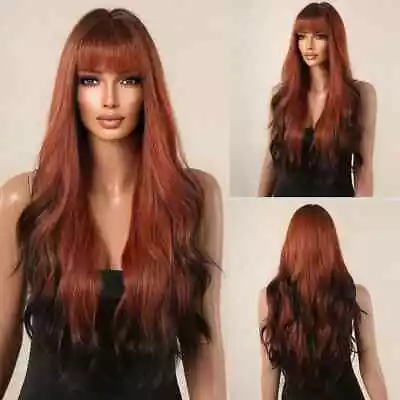 Long Natural Brown Wavy Synthetic Wigs With Bangs Daily Cosplay Heat Resistant • $27.26