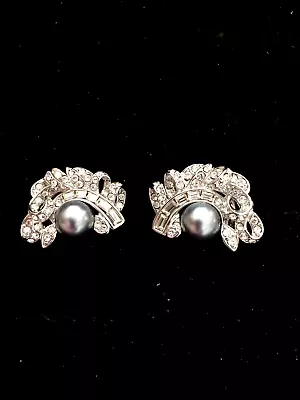 Nolan Miller Faux Gray Pearl And Clear Stones Silver Tone Clip Earrings - 719 • $2.52