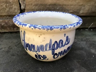 Vtg Antique Stonewear 6” Bowl Crock Grandpas Ice Cream Cobalt Paint Folk Art • $35