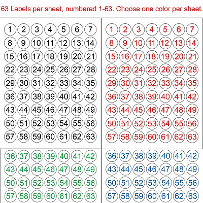 Consecutive Number Stickers 1-63 Or 64-126 Sequential 1  Round Circle Labels • $2.95