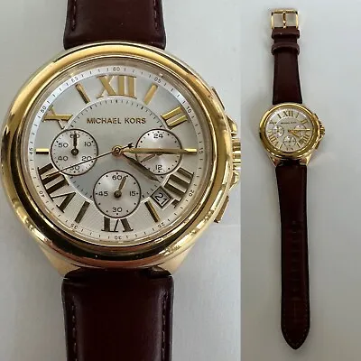 Michael Kors MK 2266 Camille Brown Leather Gold White Chrono Roman Watch WORKS • $150