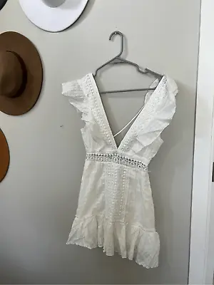 $49 • Buy Melody Women's Bohemian Lace Ruffle Deep V-Neck Mini Dress White Small