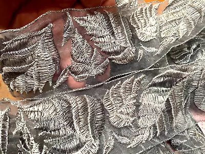 Vintage Embroidered Trim Leaves Silk Metallic Silver Gray 2  Ribbon 1yd • $11.99