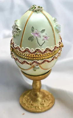 Pastel Green Egg-Shaped Satin-Lined Trinket Box With Stand Rhinestones & Flowers • $10