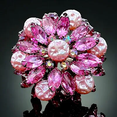 Stunning Vintage Pink Rhinestone Pearlescent Lava Glass Brooch - Massive • $77