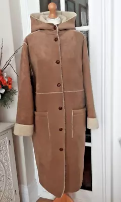 MONSOON Brown Faux Sheepskin Suede Fleece  Lined Hooded Coat SIZE XL • £30
